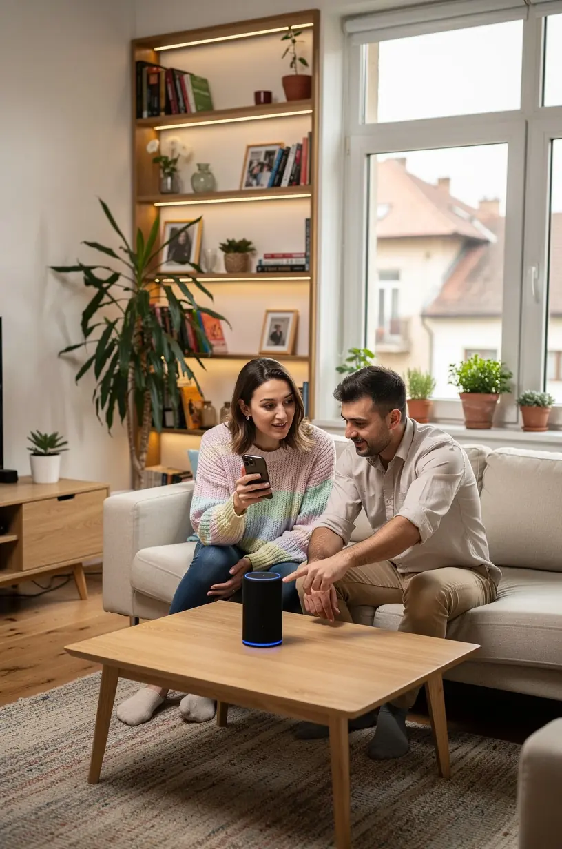 Panorama a unui birou modern echipat cu dispozitive inteligente pentru automatizarea locuinței.
