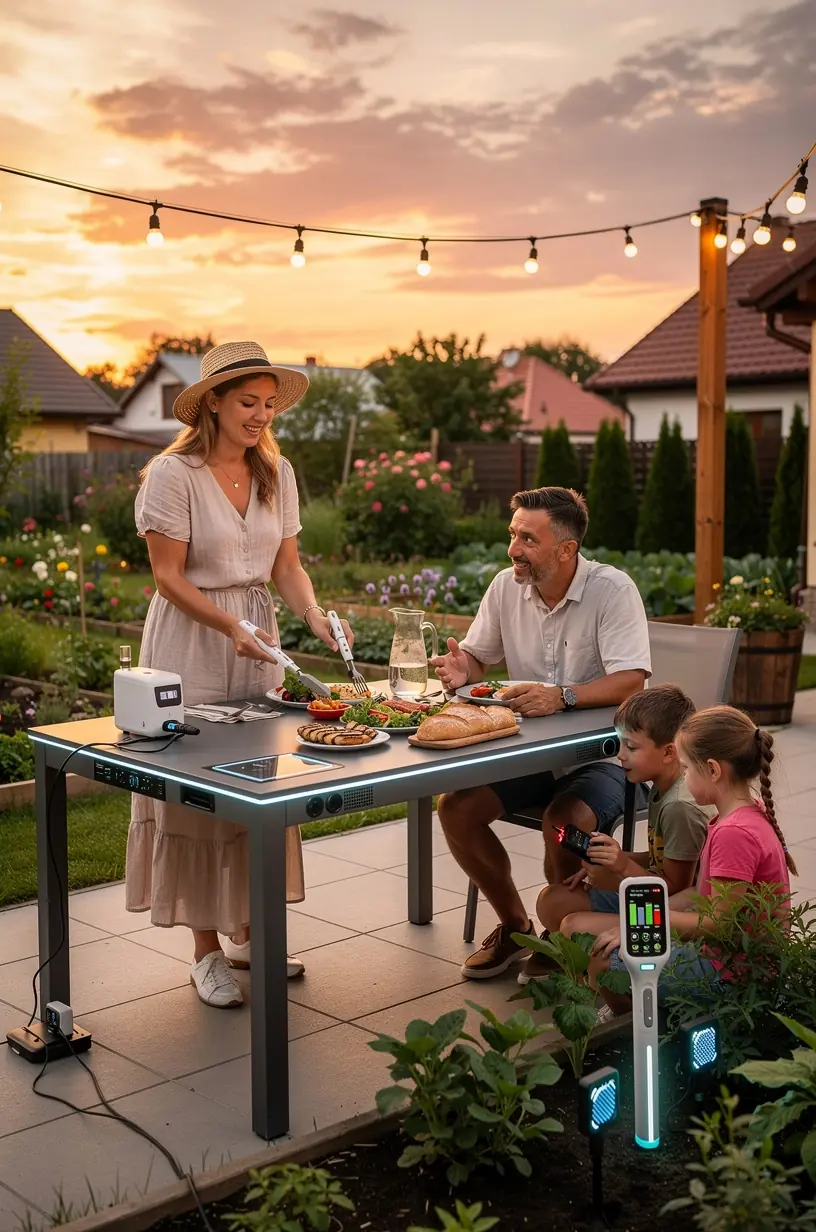 Persoană folosind o tabletă pentru a controla sisteme smart home și aplicații de gestionare a stilului de viață.